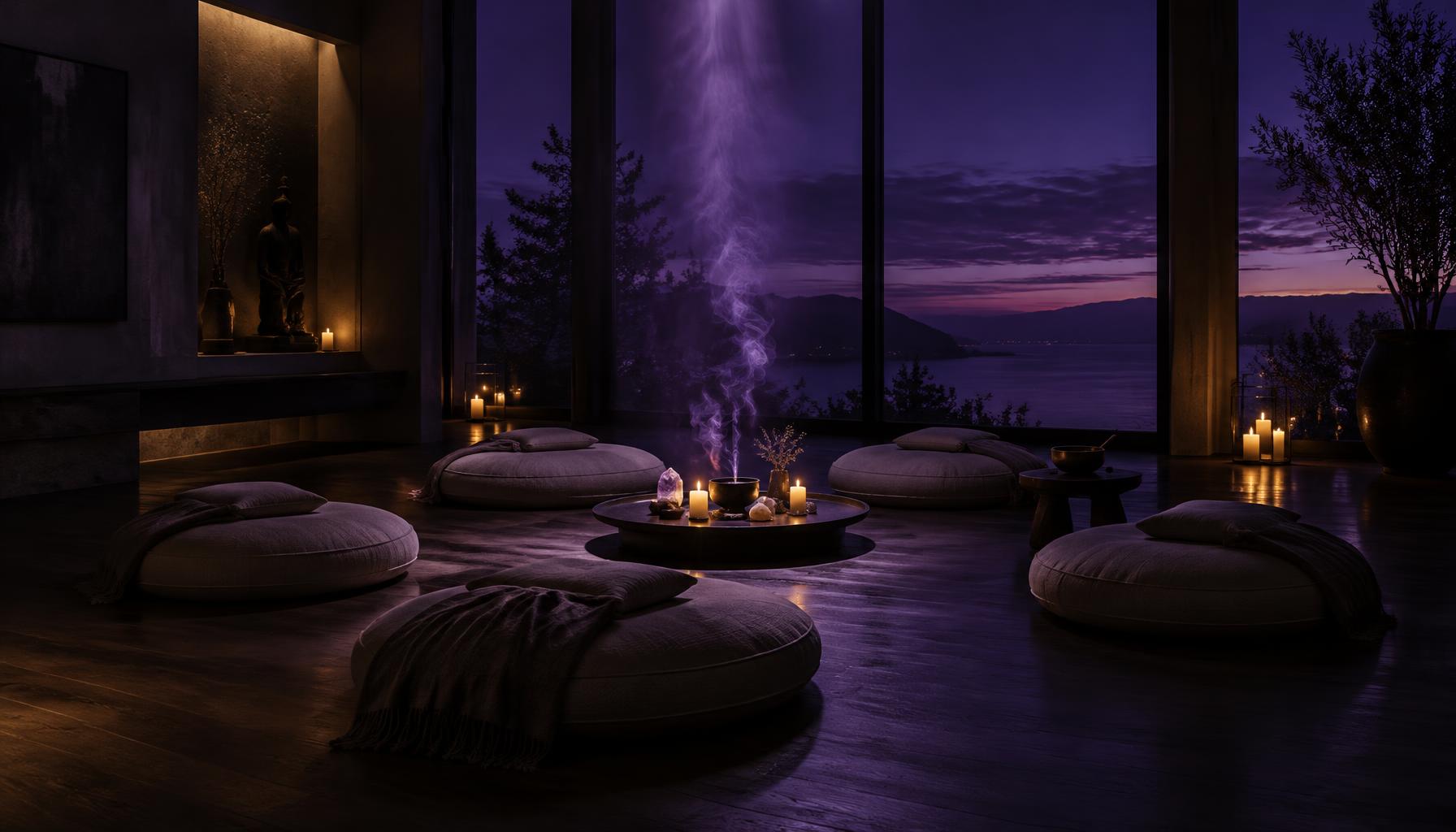 The PURPLE gathering space — floor cushions in a circle beneath violet twilight